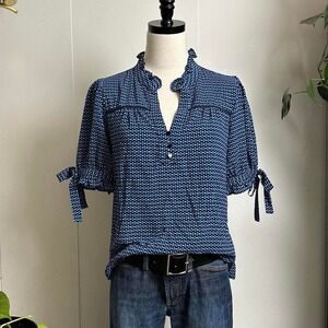 CeCe Blue Polka Dot Ruffle V-Neck Blouse with Sleeve Ties Size Small